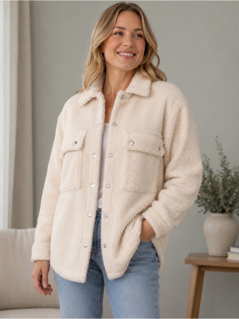 Blank NYC Cream Sherpa Shacket Jacket Size S